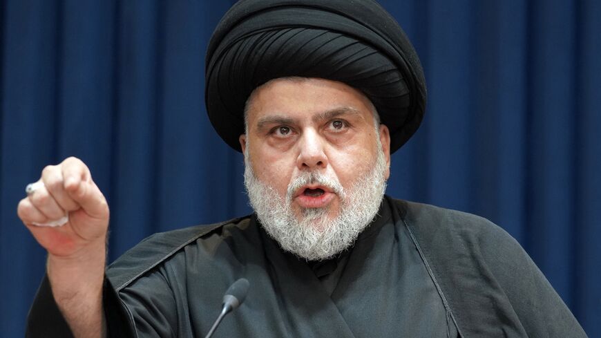 Shiite Muslim cleric Muqtada al-Sadr gives a speech in Iraq's central holy shrine city of Najaf on Aug. 30, 2022.