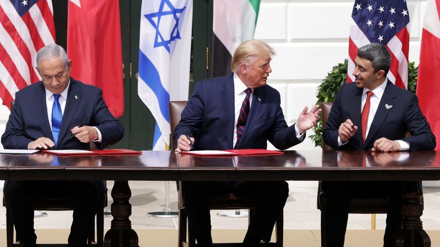 Prime Minister of Israel Benjamin Netanyahu, US President Donald Trump, and Foreign Affairs Minister of the United Arab Emirates Abdullah bin Zayed bin Sultan Al Nahyan.