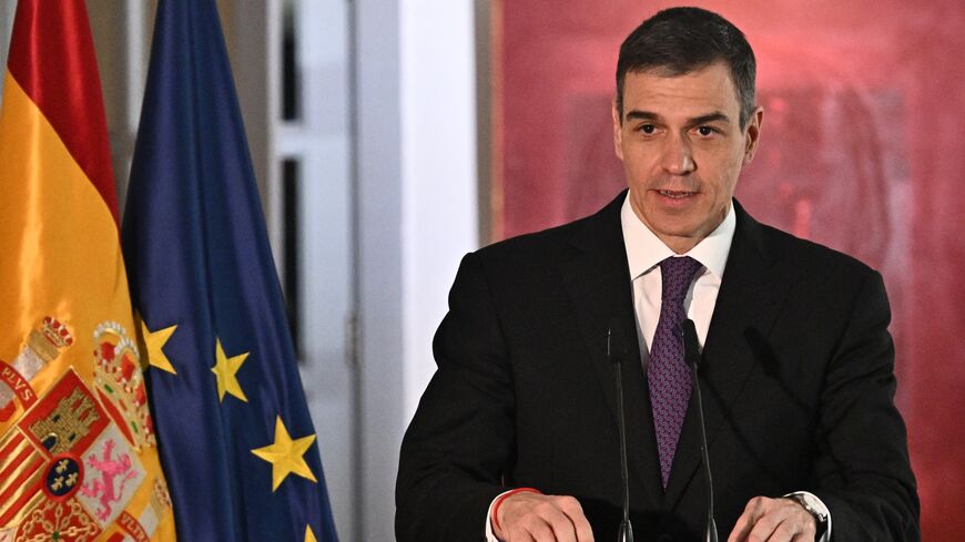 Spanish Prime Minister Pedro Sanchez attends a press conference at the Spanish Embassy in Beijing on April 11, 2025, after meeting with Chinese President Xi Jinping.