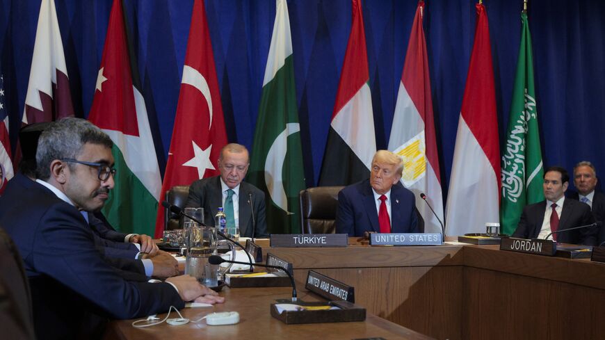 U.S. President Donald Trump (C-R) and President of Turkey Recep Tayyip Erdogan (C-L) listen during a multilateral meeting with leaders from several Arab and Muslim-majority countries at the 80th session of the UN’s General Assembly at the United Nations headquarters on Sept. 23, 2025, in New York City. 