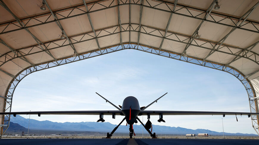 An MQ-9 Reaper remotely piloted aircraft (RPA) is parked in an aircraft shelter at Creech Air Force Base on November 17, 2015 in Indian Springs, Nevada.