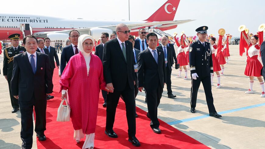 Turkish President Recep Tayyip Erdogan arrives in the Chinese city of Tianjin to attend the 25th Meeting of the Council of Heads of State of the Shanghai Cooperation Organization (SCO) on Aug. 31, 2025.