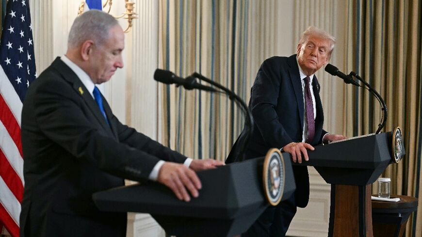 US President Donald Trump and Israeli Prime Minister Benjamin Netanyahu(L) participate in a press conference in the State Dining Room of the White House in Washington, DC on September 29, 2025.