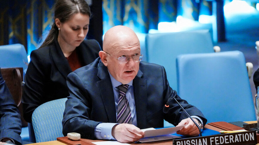FILE PHOTO: The Russia Federation's Ambassador to the United Nations Vassily Nebenzia, addresses members of the U.N. Security Council after casting his vote on a resolution that would permanently lift U.N. sanctions on Iran, at U.N. headquarters in New York City, U.S., September 19, 2025. REUTERS/Eduardo Munoz/File Photo