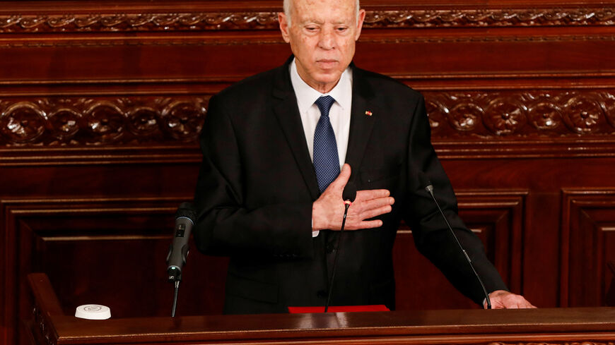 Tunisia's President Kais Saied gestures during his swearing-in ceremony for his second term at the parliament in Tunis, Tunisia October 21, 2024. REUTERS/Zoubeir Souissi