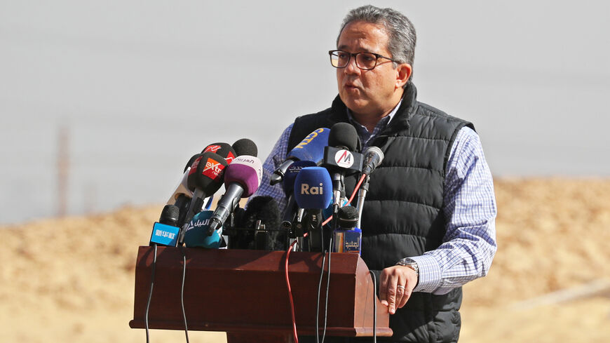 Egypt's Antiquities Minister Khaled El-Enany speaks during the presentation of a new discovery at Tuna el-Gebel archaeological site in Minya Governorate, Egypt, February 2, 2019. REUTERS/Amr Abdallah Dalsh