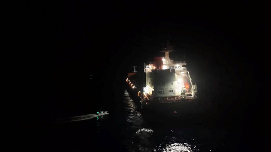 Personnel from EU maritime mission Eunavfor Aspides' carry out rescue operation following an attack by Yemen's Houthi on the Dutch-flagged general cargo ship Minervagracht, which caught fire in the Gulf of Aden on Monday, in this screengrab taken from handout video released on September 30, 2025. Eunavfor Aspides via X/Handout via REUTERS