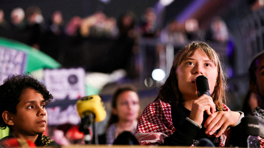 Greta Thunberg and activists from the Global Sumud Flotilla hold a press conference arranged by the Global Movement to Gaza Sweden in connection with the arrival of the released Swedish participants in the Global Sumud Flotilla, in central Stockholm, Sweden October 7, 2025.  TT News Agency/Caisa Rasmussen via REUTERS