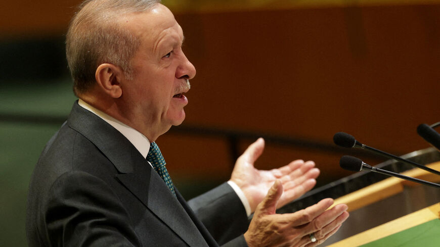 Turkey's President Tayyip Erdogan speaks during the 80th United Nations General Assembly, in New York City, New York, U.S., September 23, 2025. REUTERS/Jeenah Moon