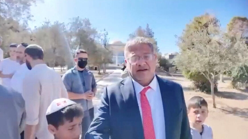 Israeli National Security Minister Itamar Ben-Gvir visits the Al-Aqsa Mosque compound during the Jewish holiday of Sukkot, in the Old City of Jerusalem, in this screengrab from a video obtained by Reuters on October 8, 2025. Jewish Power/Handout via REUTERS