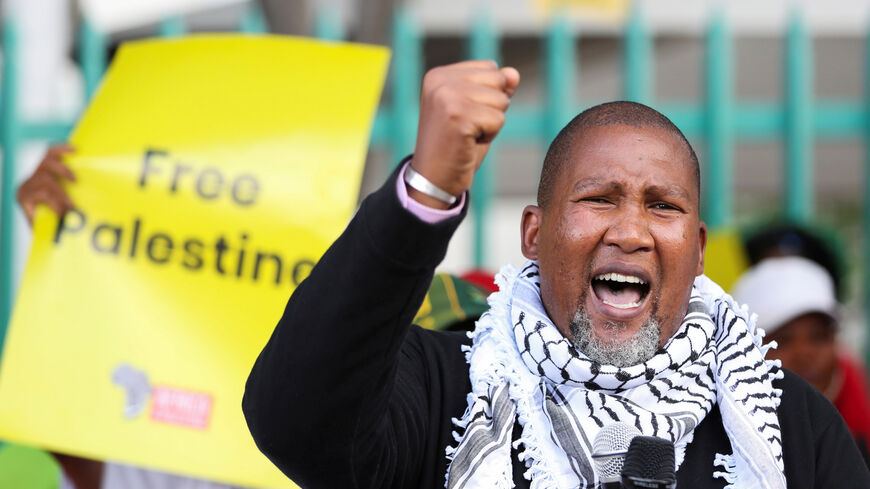 Nelson Mandela's eldest grandson, Mandla Mandela, gestures during a protest by Palestinian supporters calling for Miss SA, Lalela Mswane to withdraw from the Miss Universe pageant in Israel, outside the Miss South Africa headquarters in Johannesburg, South Africa, November 19, 2021. REUTERS/Siphiwe Sibeko