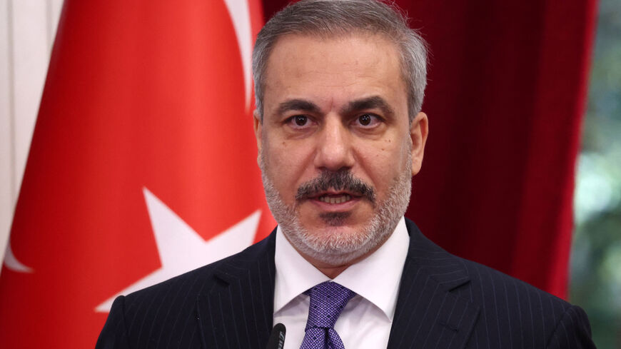 Turkish Foreign Minister Hakan Fidan delivers his speech during a press conference during an official visit in Tirana, Albania, January 29, 2024. REUTERS/Florion Goga