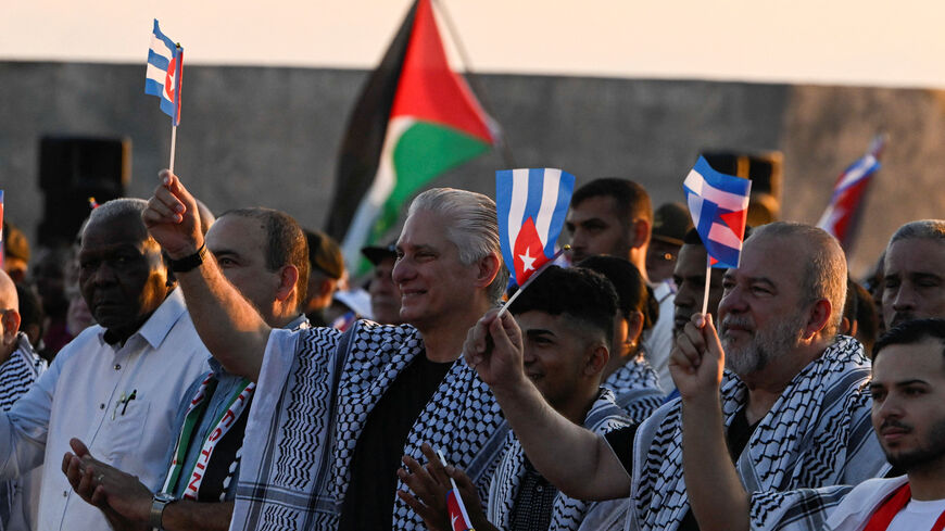 Cuba's President Miguel Diaz-Canel attends a rally in support of Palestinians in Gaza, after U.S. President Donald Trump announced that Israel and Hamas agreed on the first phase of a Gaza ceasefire, in Havana, Cuba October 9, 2025. REUTERS/Norlys Perez