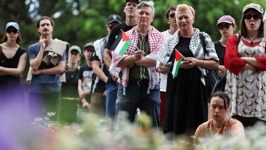 People hold Palestinian flags during the 'Nationwide March for Palestine', after a ceasefire between Israel and Hamas in Gaza went into effect, in Sydney, Australia, October 12, 2025. REUTERS/Hollie Adams