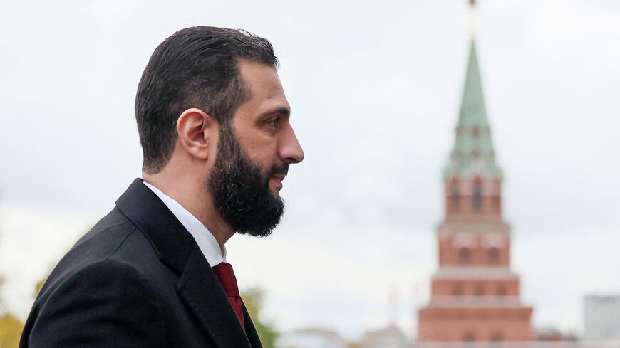 Syria's President Ahmed al-Sharaa arrives at the Kremlin before a meeting with Russia's President Vladimir Putin in Moscow, Russia, October 15, 2025. Sputnik/Sergey Savostyanov/Pool via REUTERS