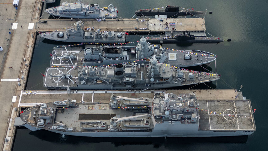 A drone view of Turkey's navy ships, anchored at the Naval Shipyard Command during the Teknofest Blue Homeland in Istanbul, Turkey, August 29, 2025. REUTERS/Murad Sezer