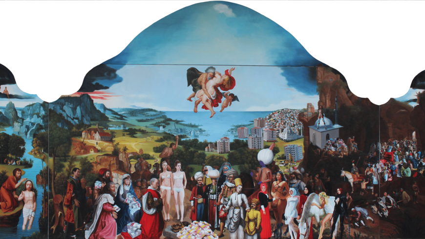 "The 3rd Siege of Vienna and the Refugees" highlights Turco-EU refugee issue, where a faceless sultan rides on horse toward a pile of euros (Courtesy of the Artist)