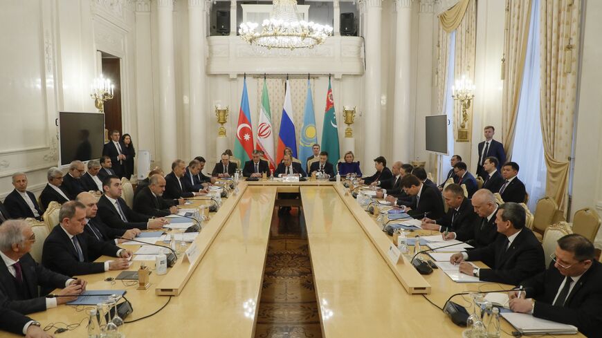 Russian Foreign Minister Sergei Lavrov chairs the annual meeting of the Caspian Sea littoral states foreign ministers, known as the Caspian Five, in Moscow, on Dec. 5, 2023. 