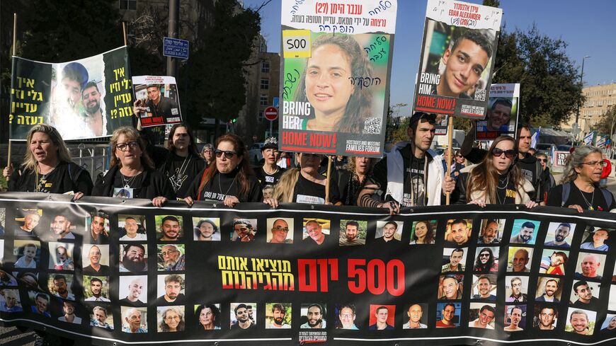 Demonstrators march toward the Israeli parliament (Knesset) headquarters in protest of Israeli hostages held captive in the Gaza Strip since Hamas' Oct. 7, 2023 attack.