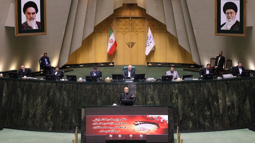Iran's president, Masoud Pezeshkian, addresses members of parliament in Tehran on March 2, 2025. 