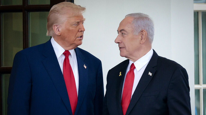 US President Donald Trump greets Israeli Prime Minister Benjamin Netanyahu as he arrives at the White House on April 7, 2025 in Washington, DC. 