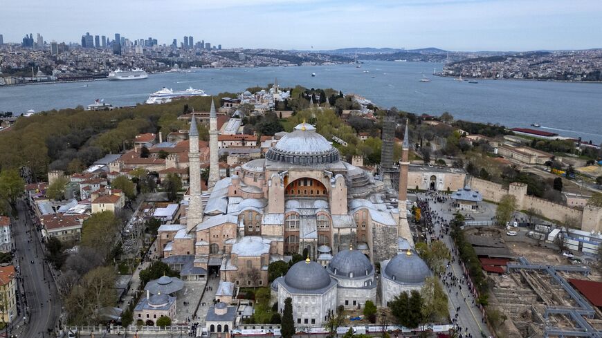 This aerial photograph shows scaffolds installed on the Hagia Sophia Grand Mosque in Istanbul on April 14, 2025. 
