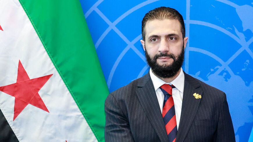 Syrian President Ahmed al-Sharaa visits with UN Secretary-General Antonio Guterres (off frame) during the United Nations General Assembly at the UN headquarters in New York City on Sept. 24, 2025. 