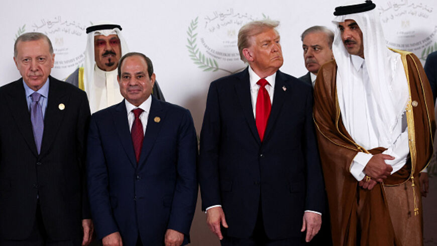 SHARM EL-SHEIKH, EGYPT - OCTOBER 13: World leaders including U.S. President Donald Trump, Egypt's President Abdel Fattah al-Sisi, Turkish President Tayyip Erdogan and Qatar's Emir Sheikh Tamim bin Hamad Al Thani pose for a family photo, at a world leaders' summit on October 13, 2025 in Sharm El-Sheikh, Egypt. President Trump is in Egypt to meet with European and Middle Eastern leaders in what’s being billed as an international peace summit, following the start of a US-brokered ceasefire deal to end the war 