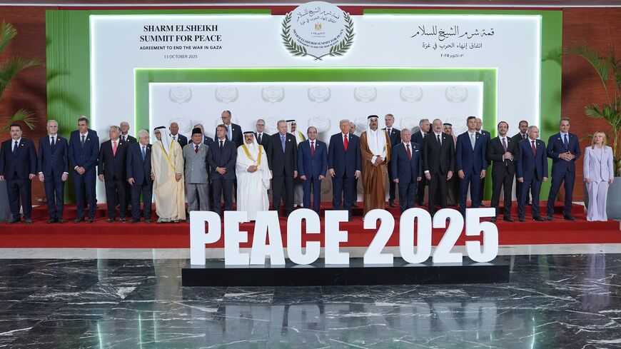 US President Donald Trump (C-R) and other world leaders pose for a photo during a summit of European and Middle Eastern leaders on Oct. 13, 2025, in Sharm el-Sheikh, Egypt. 
