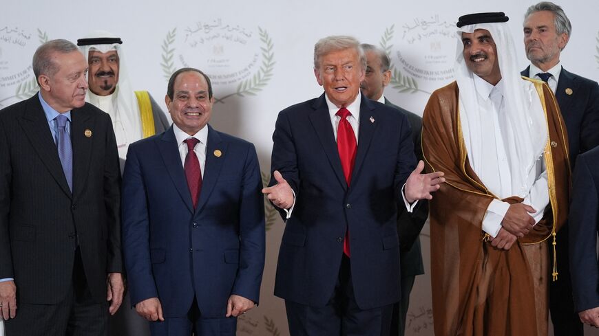 (Front L-R) Turkish President Recep Tayyip Erdogan, Egyptian President Abdel Fattah al-Sisi, US President Donald Trump, Emir of Qatar Sheikh Tamim bin Hamad Al Thani and other leaders pose for a family picture at the Gaza summit in Sharm el-Sheikh on Oct. 13, 2025. 