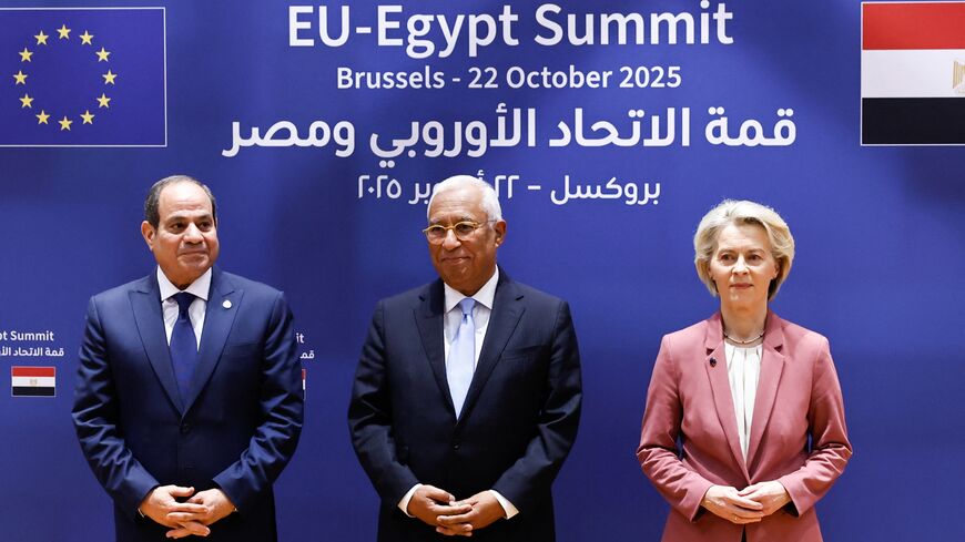 Egyptian President Abdel Fattah al-Sisi, European Council President Antonio Costa and European Commission President Ursula von der Leyen pose for pictures before the signature of joint statements and agreements during the EU-Egypt summit in Brussels, on Oct. 22, 2025. 