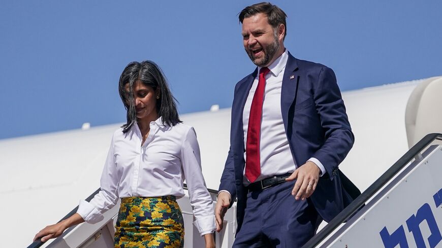 US Vice President JD Vance and second lady Usha Vance disembark Air Force Two on arrival to Ben Gurion airport on Oct. 21, 2025, in Tel Aviv, Israel. 