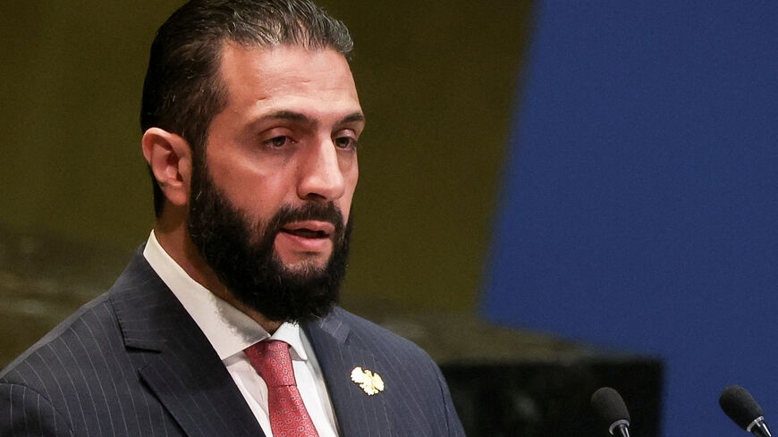 FILE PHOTO: Syria's President Ahmed al-Sharaa addresses the 80th United Nations General Assembly (UNGA) at the U.N. headquarters in New York, U.S., September 24, 2025. REUTERS/Shannon Stapleton/File Photo