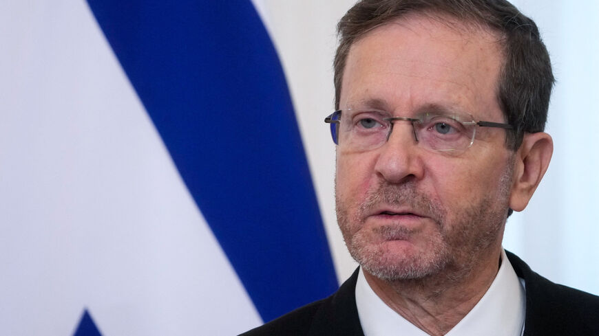 Israeli President Isaac Herzog speaks during a press conference with Latvian President Edgars Rinkevics in Riga, Latvia August 5, 2025. REUTERS/Ints Kalnins/File Photo