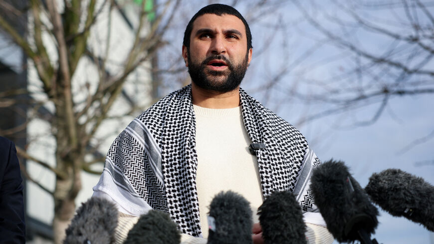 British pro-Palestinian commentator Sami Hamdi speaks during a press conference, after being detained by U.S. immigration authorities for more than two weeks, in London, Britain, November 13, 2025. REUTERS/Isabel Infantes