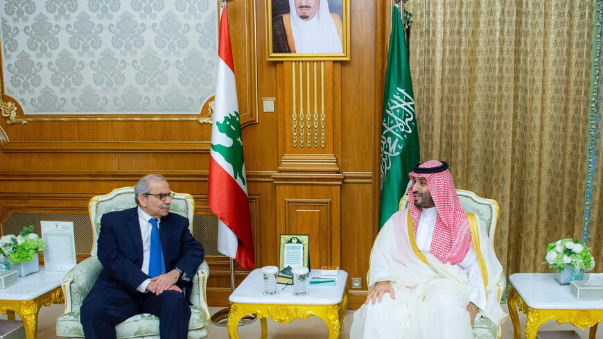 Lebanese Prime Minister Nawaf Salam meets Saudi Crown Prince Mohammed bin Salman in the holy city of Mecca, Saudi Arabia, March 30, 2025. Saudi Press Agency/Handout via REUTERS