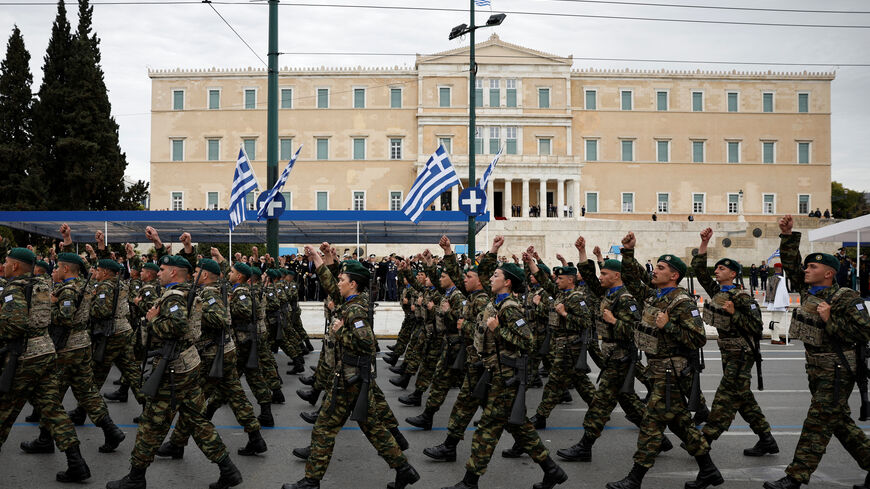 Greek military personnel march during a military parade marking Greece's Independence Day, in Athens, Greece, March 25, 2025. REUTERS/Louiza Vradi