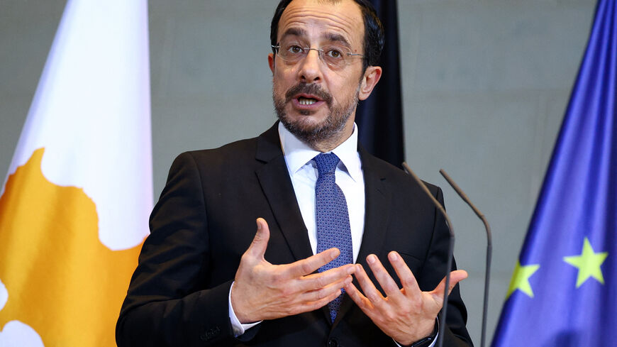Cyprus' President Nikos Christodoulides speaks during a press conference with German Chancellor Friedrich Merz (not pictured), at the Chancellery Berlin, Germany, November 14, 2025. REUTERS/Lisi Niesner