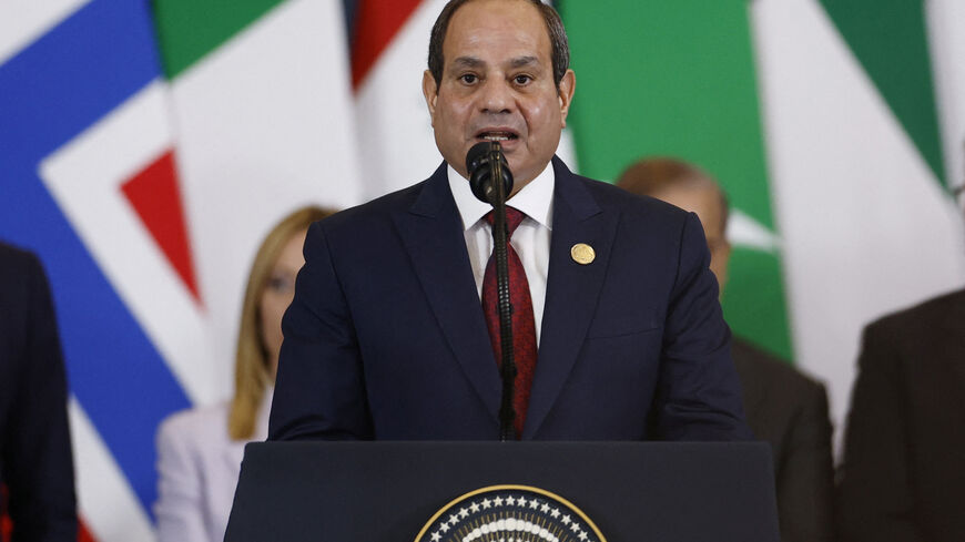 Egypt's President Abdel Fattah al-Sisi speaks during a world leaders' summit on ending the Gaza war, in Sharm el-Sheikh, Egypt, October 13, 2025. Yoan Valat/Pool via REUTERS