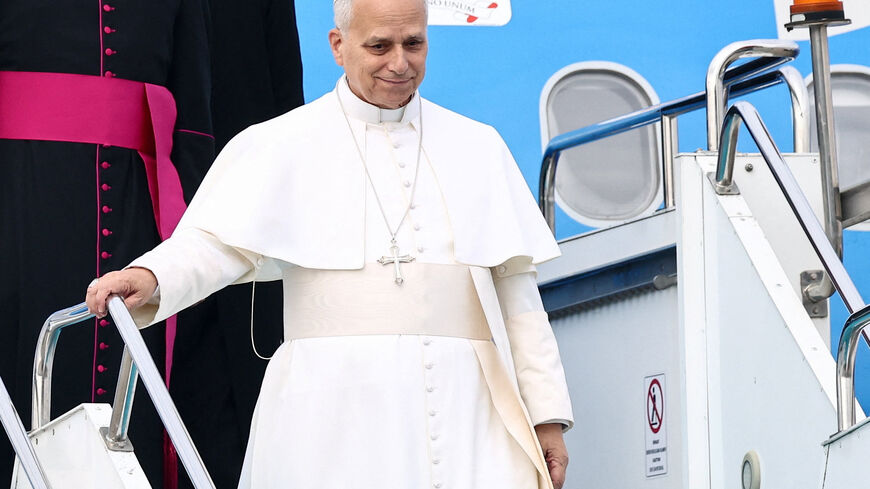 Pope Leo XIV arrives at Esenboga International Airport, during his first apostolic journey, in Ankara, Turkey, November 27, 2025. REUTERS/Yara Nardi