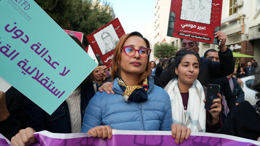 Prominent opposition figure Chaima Issa takes part in a protest against Tunisian President Kais Saied before being detained by police to enforce a 20-year prison sentence, in Tunis, Tunisia November 29, 2025. REUTERS/Jihed Abidellaoui