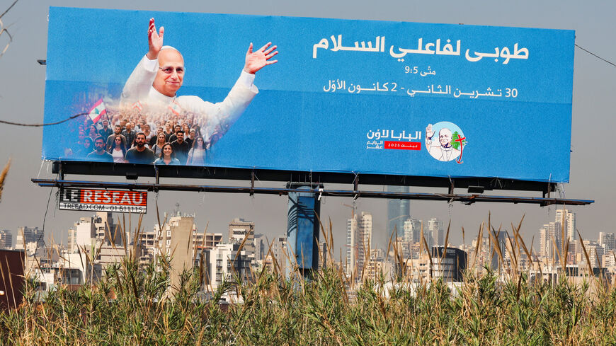 A billboard of Pope Leo XIV is placed along a road, ahead of his planned visit to Lebanon, in Hazmieh, Lebanon November 28, 2025. REUTERS/Mohamed Azakir