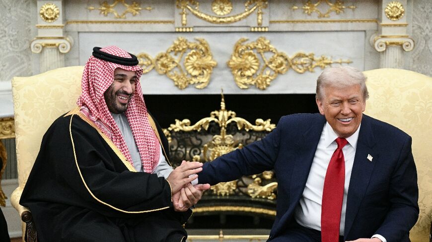 President Donald Trump joked about hand shakes and fist pumps with Saudia Arabia's Crown Prince Mohammed bin Salman during a meeting in the Oval Office