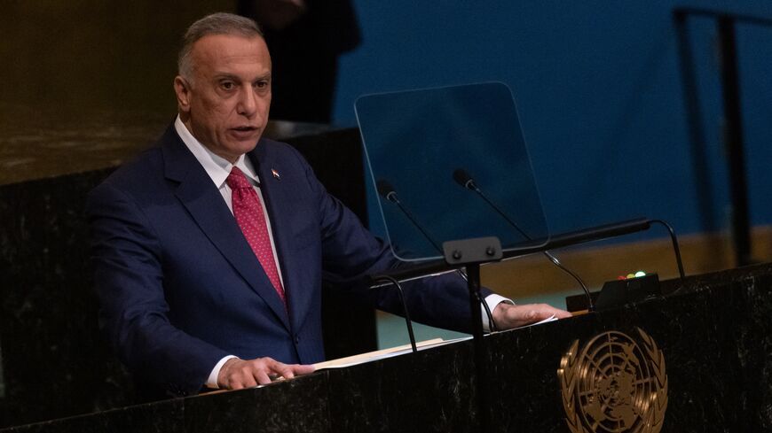 Iraqi Prime Minister Mustafa Al-Kadhimi addresses the 77th session of the United Nations General Assembly at UN headquarters in New York City on Sept. 23, 2022.