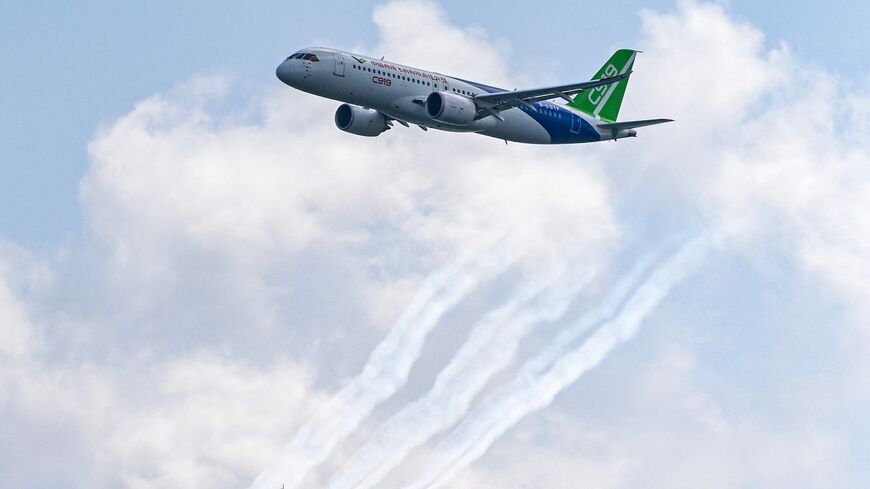 China's Comac C919 plane performs during a preview of the Singapore Airshow on Feb. 18, 2024.