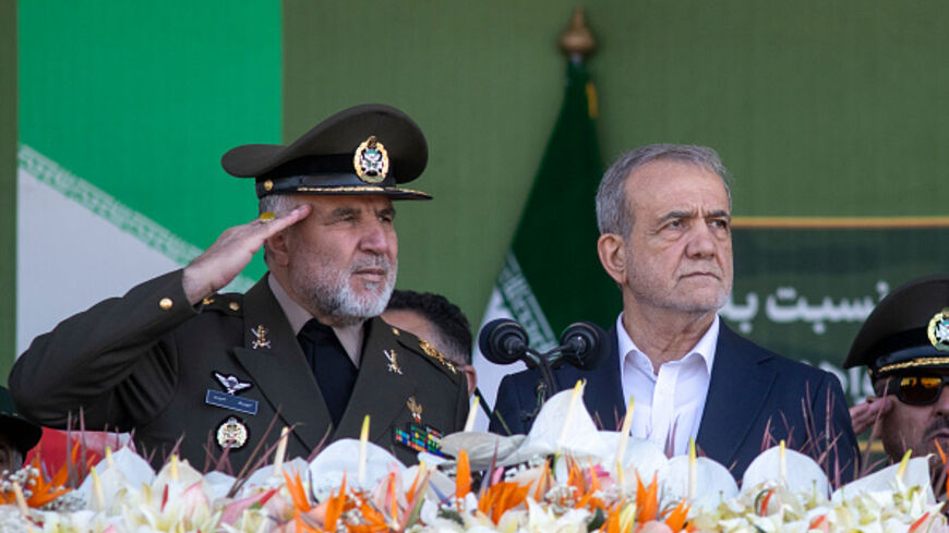  Iranian President Masoud Pezeshkian (R) makes a speech as he attends the National Army Day ceremony on April 18, 2025 in Tehran, Iran. The country held its annual 'Army Day' parade in Tehran, which included an address by current President Masoud Pezeshkian. (Photo by Majid Saeedi/Getty Images)