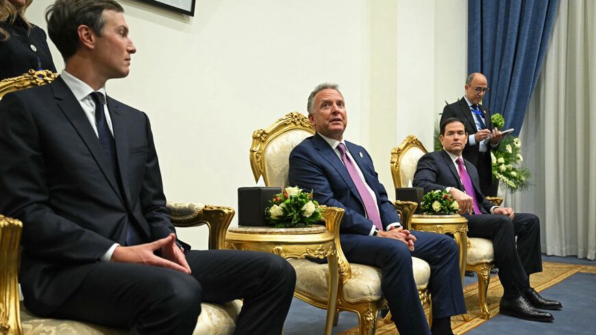 Donald Trump son-in-law Jared Kushner (L), White House special envoy Steve Witkoff (C) and US Secretary of State Marco Rubio attend a meeting between President Trump and Egyptian President Abdel Fattah al-Sisi (not pictured) at a summit on Gaza in Sharm el-Sheikh, Oct. 13, 2025.