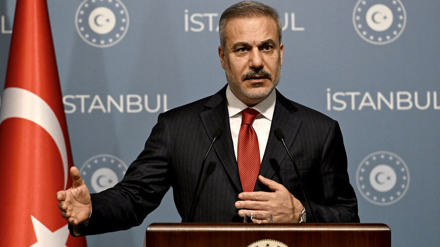 Turkish Foreign Minister Hakan Fidan gestures as he speaks during a press conference after a meeting with his counterparts from Saudi Arabia, Qatar, the United Arab Emirates, Jordan, Pakistan and Indonesia in Istanbul on November 3, 2025. Turkey on November 3, 2025, hosts a string of top diplomats from the Islamic world to bring their influence to bear on the future of Gaza, as fears grow for the increasingly fragile truce. The October 10 ceasefire in the two-year-long Israel-Hamas war, brokered by US Presi