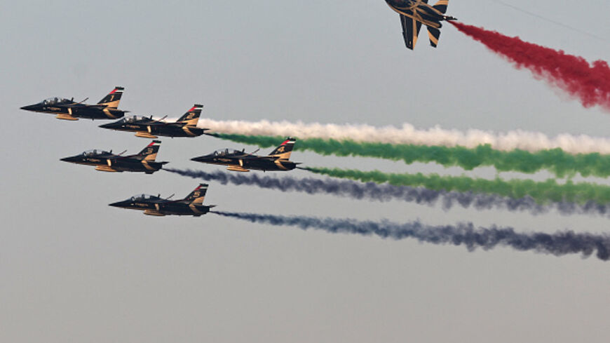 Fursan Al Emarat, the aerobatic team of the United Arab Emirates Air Force and Air Defence, perform during the 2025 Dubai Airshow at Al-Maktoum International Airport in Dubai on November 21, 2025. (FADEL SENNA/AFP via Getty Images)