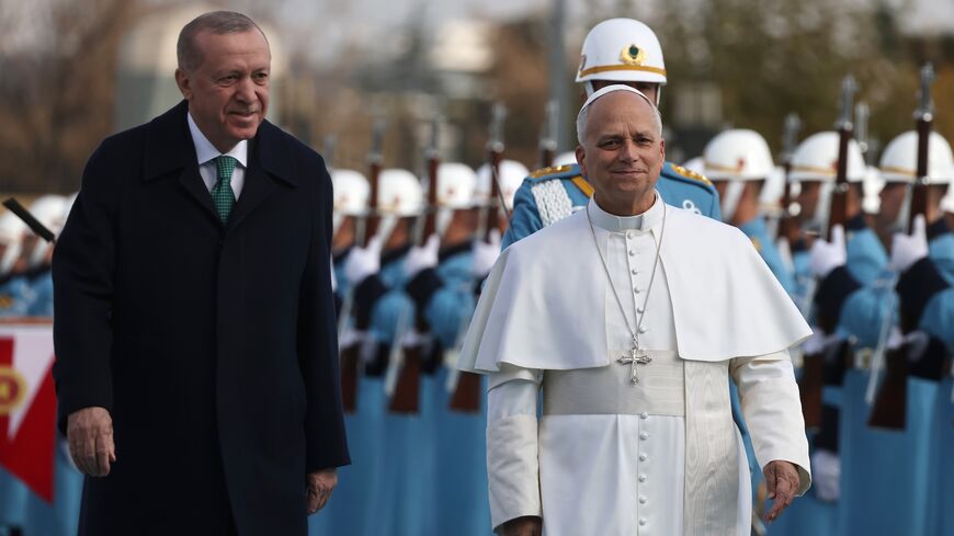 President of Turkey Recep Tayyip Erdogan greets Pope Leo XIV during a welcome ceremony at the Presidential Palace, Ankara, Nov. 27, 2025.